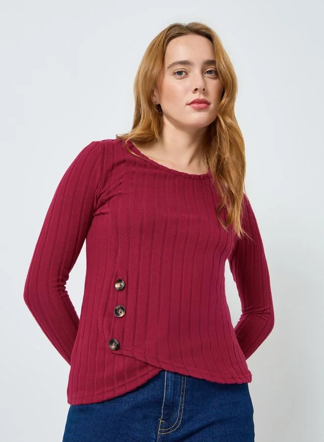 Take Two Women Burgundy Ribbed Top with Button Detail